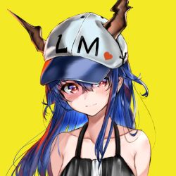 Rule 34 | 1girl, arknights, bare shoulders, baseball cap, blue hair, blush, ch&#039;en (arknights), ch'en (arknights), collarbone, commentary, dragon horns, female tourist c (arknights), hair between eyes, halterneck, hat, head tilt, heart, horns, horns through headwear, long hair, looking at viewer, md5 mismatch, official alternate costume, red eyes, resolution mismatch, simple background, smile, solo, source smaller, srpzk, upper body, yellow background
