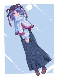 Rule 34 | 1girl, black hat, blue background, blue dress, blush, blush stickers, boots, breath, brown footwear, capelet, closed mouth, commentary, dress, eyebrows hidden by hair, frilled capelet, frilled sleeves, frills, full body, hat, hat ribbon, highres, long sleeves, nagae iku, nama udon, own hands together, parted bangs, purple hair, red eyes, red ribbon, ribbon, scarf, short hair, simple background, smile, solo, standing, touhou, v arms, white capelet, white scarf, white sleeves