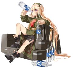 Rule 34 | 1girl, alcohol, ankle boots, artist request, belt, black shorts, blonde hair, boots, bottle, bow, box, braid, braided ponytail, buttoned cuffs, buttons, collar, collared coat, drinking, final gear, full body, fur hat, gold buttons, green collar, green hat, hair between eyes, hair bow, hat, hat ornament, holding, holding bottle, knot, label, letter print, long hair, looking at viewer, low-tied long hair, low ponytail, natasha (final gear), official art, puffy-trimmed coat, puffy-trimmed collar, puffy-trimmed footwear, puffy sleeve cuffs, purple eyes, shorts, side slit, side slit shorts, simple background, single braid, sitting, sleeve cuffs, solo, star (symbol), star hat ornament, tachi-e, third-party source, ushanka, very long hair, vodka, white background, white sleeve cuffs, yellow belt, yellow bow
