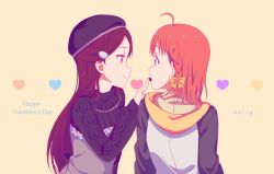 Rule 34 | 10s, 2girls, ahoge, aran sweater, beret, blush, bow, braid, cable knit, chocolate, dated, eye contact, feeding, from behind, from side, hair bow, hair ornament, hairclip, happy valentine, hat, heart, hood, hood down, hoodie, long hair, looking at another, love live!, love live! sunshine!!, multiple girls, orange hair, profile, red hair, ribbed sweater, sakurauchi riko, short hair, side braid, sweater, swept bangs, takami chika, turtleneck, turtleneck sweater, un403lucky, upper body, yellow bow, yuri
