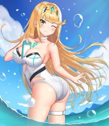 Rule 34 | 1girl, ass, bikini, blonde hair, blush, breasts, cleavage, cloud, commentary, from behind, gem, hair ornament, headpiece, highres, jewelry, large breasts, long hair, looking at viewer, mythra (xenoblade), nemunemu semi, nintendo, nintendo switch, one-piece swimsuit, one eye closed, shiny clothes, shiny skin, sky, smile, solo, standing, strapless, strapless one-piece swimsuit, swept bangs, swimsuit, thigh strap, thighs, tiara, very long hair, water, wet, xenoblade chronicles (series), xenoblade chronicles 2, yellow eyes