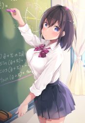 Rule 34 | 1girl, :o, arm up, black skirt, blue eyes, blush, bow, breasts, brown hair, chalkboard, collared shirt, commentary request, curtains, day, diagonal stripes, dress shirt, hair between eyes, highres, holding, indoors, large breasts, long hair, long sleeves, looking at viewer, original, parted lips, pleated skirt, red bow, school uniform, shiro kuma shake, shirt, skirt, solo, striped, striped bow, white shirt, window