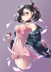 Rule 34 | 1girl, arthur ko, asymmetrical bangs, black choker, black hair, black jacket, black nails, black panties, blush, breasts, choker, cleavage, closed mouth, commentary request, creatures (company), dress, earrings, game freak, green eyes, hair ribbon, highres, jacket, jewelry, marnie (pokemon), nail polish, nintendo, off shoulder, open clothes, open jacket, panties, pink dress, poke ball, poke ball (basic), pokemon, pokemon swsh, red ribbon, ribbon, solo, twintails, underwear