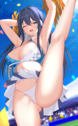 Rule 34 | 1girl, alternate costume, arknights, armpits, arms up, astesia (arknights), bare legs, bikini, bikini top only, bleachers, blue archive, blue eyes, blue hair, blue skirt, blue sky, blush, breasts, camera flash, cheerleader, chinese commentary, cleavage, confetti, cosplay, crowd, day, feet out of frame, hair intakes, hibiki (blue archive), high kick, highres, holding, holding pom poms, kicking, large breasts, long hair, looking at viewer, miniskirt, open mouth, outdoors, panties, pleated skirt, pom pom (cheerleading), pom poms, race queen, sidelocks, skirt, sky, smile, solo, standing, standing on one leg, sweat, swimsuit, thighs, tongue, two-tone skirt, underwear, upskirt, voice actor connection, white panties, white skirt, wing228