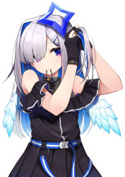 Rule 34 | 1girl, absurdres, amane kanata, amane kanata (work), angel wings, asymmetrical hair, bare shoulders, black dress, black gloves, blue eyes, blue hair, closed mouth, colored inner hair, dress, eyes visible through hair, gloves, grey hair, hair ornament, hair over one eye, hair tie in mouth, hairclip, halo, highres, hololive, hototogisu (hot to gis), long hair, mouth hold, multicolored hair, one side up, partially fingerless gloves, pink hair, simple background, smile, solo, star halo, streaked hair, tying hair, virtual youtuber, white background, wings