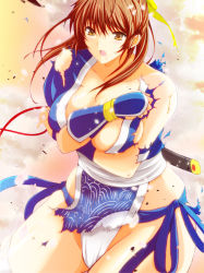 Rule 34 | 1girl, breasts, brown hair, covering privates, covering breasts, dead or alive, kasumi (doa), kettsu, large breasts, long hair, open mouth, sheath, sheathed, solo, sword, torn clothes, weapon