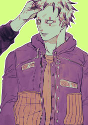 Rule 34 | 2boys, aikawa (dorohedoro), alternate costume, blush, colored tips, dorohedoro, facial mark, forehead blush, highres, jacket, limited palette, looking at another, lotusmartus, male focus, multicolored hair, multiple boys, no eyebrows, out of frame, playing with another&#039;s hair, risu (dorohedoro), solo focus, upper body