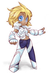 Rule 34 | 1boy, armor, bad id, bad pixiv id, blonde hair, blue eyes, chibi, clenched hand, dark skin, dark-skinned male, denim, el shaddai, enoch, jeans, looking at viewer, male focus, march (izumi3307), march (pixiv2297066), midriff, navel, outstretched arm, pants, solo