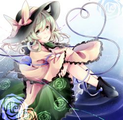 Rule 34 | 1girl, black footwear, black hat, blush, bow, closed mouth, eyeball, floral print, frilled sleeves, frills, from side, full body, green eyes, green hair, green skirt, hat, hat bow, heart, heart of string, highres, hugging own legs, komeiji koishi, long sleeves, looking at viewer, looking to the side, ripples, shirt, shoes, sitting, skirt, smile, solo, third eye, touhou, wide sleeves, yellow bow, yellow shirt, yilocity