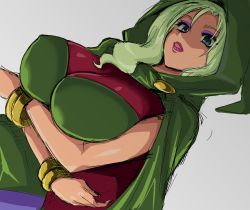 Rule 34 | 10s, 1girl, bracelet, breast hold, breasts, crossed arms, green eyes, green hair, hood, huge breasts, jewelry, kitsune-tsuki (getter), lipstick, lots of jewelry, majorina, makeup, matching hair/eyes, precure, sketch, skin tight, smile precure!, solo