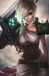 Rule 34 | 1girl, armor, bandages, broken, broken weapon, drawing on another&#039;s face, gloves, hair over one eye, has bad revision, has downscaled revision, koyorin, league of legends, looking at viewer, md5 mismatch, red eyes, resolution mismatch, riven (league of legends), silver hair, solo, source smaller, sword, weapon