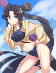 Rule 34 | 1girl, bikini, black hair, blue bikini, blue eyes, blue sky, breasts, cardigan, cloud, day, fate/grand order, fate (series), floating hair, hal-bard, halterneck, hand on own hip, highres, leg up, long hair, looking at viewer, medium breasts, navel, open cardigan, open clothes, outdoors, side ponytail, sky, smile, solo, sweater, swimsuit, ushiwakamaru (fate), ushiwakamaru (swimsuit assassin) (first ascension) (fate), very long hair, yellow sweater