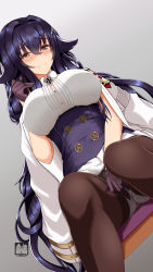 Rule 34 | 1girl, artist logo, azuma (azur lane), azur lane, black gloves, black hair, black pantyhose, blouse, blush, bra visible through clothes, breasts, collared shirt, covering privates, covering crotch, detached sleeves, flower, from below, gloves, gradient background, grey background, hair between eyes, hair flaps, hair flower, hair ornament, hairclip, half gloves, highres, jacket, jacket on shoulders, large breasts, likerain, long hair, looking at viewer, panties, panties under pantyhose, pantyhose, shirt, shoulder tattoo, sitting, skirt, solo, tattoo, thighband pantyhose, underwear, very long hair, white flower, white shirt, white skirt, yellow eyes