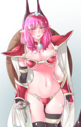 Rule 34 | 1girl, alternate hair color, angry, armor, bikini armor, black thighhighs, blunt bangs, blush, breasts, bursting breasts, cape, carmilla (fate), choker, cosplay, cowboy shot, curvy, dagger, elizabeth bathory (brave) (fate), elizabeth bathory (brave) (fate) (cosplay), elizabeth bathory (fate), fate/grand order, fate (series), fingerless gloves, frown, gem, gloves, gluteal fold, highres, hip focus, holding, holding dagger, holding knife, holding weapon, horns, knife, large breasts, long hair, looking at viewer, navel, nose blush, pauldrons, pointy ears, red armor, shield, shoulder armor, skindentation, solo, tail, thighhighs, tiara, undersized clothes, weapon, yamany