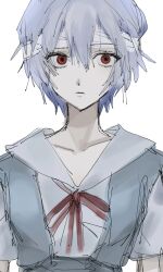 Rule 34 | 1girl, ayanami rei, bandages, blue hair, c uino, expressionless, hair between eyes, highres, neon genesis evangelion, red eyes, red ribbon, ribbon, shirt, short hair, simple background, solo, white background, white shirt