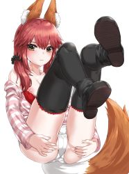 Rule 34 | 10s, 1girl, :3, animal ears, ankle boots, ass, black thighhighs, blush, boots, bra, breasts, cameltoe, cleavage, crotch seam, fate/extra, fate (series), fox ears, fox tail, kfr, long hair, looking at viewer, no pants, off shoulder, official alternate costume, panties, red bra, red hair, revision, shoe soles, simple background, smile, solo, tail, tamamo (fate), tamamo no mae (fate/extra), thighhighs, underwear, white background, white panties, yellow eyes