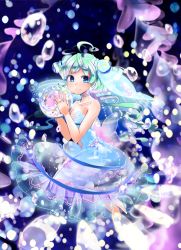 Rule 34 | 1girl, ahoge, air bubble, aqua hair, ball, bare shoulders, barefoot, blue dress, blue eyes, bob cut, breasts, bubble, cleavage, dress, full body, hair ornament, highres, holding, jellyfish, long hair, looking at viewer, navel, original, see-through, short hair with long locks, smile, solo, tareme, underwater, veil, water