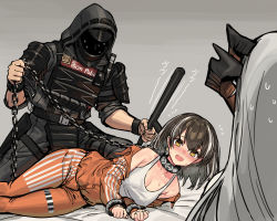 Rule 34 | 1other, 2girls, alternate costume, arknights, bare shoulders, bdsm, belt, blush, breasts, brown hair, bulletproof vest, cleavage, collarbone, commentary request, doctor (arknights), dragon horns, earrings, flying sweatdrops, grey background, heavy breathing, highres, holding, holding leash, horns, infection monitor (arknights), jacket, jewelry, leash, long sleeves, looking at another, lying, magallan (arknights), mask, medium breasts, multicolored hair, multiple girls, nose blush, off shoulder, on side, open mouth, orange jacket, orange pants, pants, prison clothes, saria (arknights), sigm@, silver hair, simple background, sleeves past elbows, squatting, streaked hair, sweat, sweatdrop, tank top, baton (weapon), two-tone hair, wavy mouth, white tank top, yellow eyes
