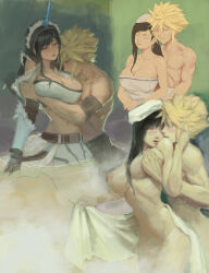 Rule 34 | 1boy, 1girl, absurdres, arm under breasts, bare shoulders, blonde hair, blue eyes, blush, breasts, cleavage, closed eyes, closed mouth, cloud strife, collarbone, commentary, couple, crop top, detached sleeves, earrings, english commentary, final fantasy, final fantasy vii, final fantasy vii ever crisis, final fantasy vii remake, fur trim, grabbing, grabbing another&#039;s breast, hetero, highres, horns, hug, hug from behind, jewelry, kirin (armor), large breasts, long hair, looking at another, midriff, miniskirt, monster hunter (series), multiple views, naked towel, narrow waist, navel, nipples, nude, official alternate costume, onsen, partially submerged, red eyes, short hair, single earring, single horn, skirt, smile, spiked hair, steam, stomach, strapless, swept bangs, tifa lockhart, toned, toned male, towel, towel around waist, towel on head, tube top, water, wet, zoewingsz
