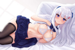 Rule 34 | 1girl, absurdres, allenes, bed sheet, black thighhighs, blue skirt, bow, bowtie, bra, breasts, cleavage, clothes lift, collared shirt, hair ornament, hair scrunchie, hairclip, highres, large breasts, lifted by self, long hair, looking at viewer, lying, miniskirt, navel, on side, open clothes, open skirt, original, pillow, pleated skirt, purple eyes, scrunchie, shirt, shirt lift, short sleeves, skindentation, skirt, smile, solo, stomach, string bra, thighhighs, two side up, underwear, white background, white bra, white hair, white shirt, zettai ryouiki