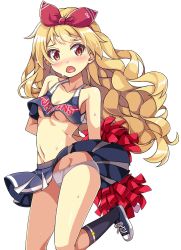 Rule 34 | 1girl, azur lane, black socks, blonde hair, blush, breasts, character name, cheerleader, collarbone, commentary request, crop top, crop top overhang, fang, hairband, highres, holding, holding pom poms, jenkins (azur lane), kneehighs, long hair, looking at viewer, macaroni hourensou, midriff, miniskirt, navel, open mouth, panties, pantyshot, pleated skirt, pom pom (cheerleading), pom poms, red eyes, red hairband, shirt, shoes, simple background, skirt, sleeveless, sleeveless shirt, small breasts, sneakers, socks, solo, sweat, underwear, white background, white panties