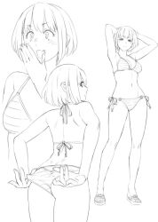 Rule 34 | 1girl, :d, adjusting clothes, adjusting swimsuit, arms behind head, ass, back, bikini, breasts, cleavage, cowboy shot, full body, hand to own mouth, light frown, lineart, loafers, medium breasts, monochrome, multiple views, navel, open mouth, original, ryuuta (msxtr), sandals, shoes, short hair, smile, striped bikini, striped clothes, swimsuit