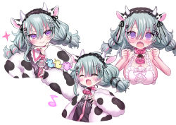 Rule 34 | &gt;:), 1girl, :d, @ @, ^ ^, absurdres, animal ears, animal print, bare arms, bare shoulders, bell, black dress, bra, braid, closed eyes, closed mouth, collar, collared dress, copyright request, cow ears, cow horns, cow print, cropped torso, dress, frilled bra, frilled shirt collar, frills, hair between eyes, hands up, head tilt, highres, horns, jacket, long hair, long sleeves, looking at viewer, low twintails, multicolored hair, multiple views, official art, open clothes, open jacket, open mouth, outstretched arm, pink collar, pink hair, print jacket, puffy long sleeves, puffy sleeves, purple eyes, shiodome oji, simple background, sleeves past wrists, smile, sparkle, streaked hair, twin braids, twintails, underwear, underwear only, upper body, v-shaped eyebrows, virtual youtuber, wavy mouth, white background, white bra, white jacket