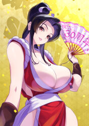 Rule 34 | 1girl, breasts, brown hair, cleavage, collarbone, confetti, dress, ema (emaura), fan, fatal fury, folding fan, hair ribbon, hand fan, huge breasts, long hair, looking at viewer, milestone celebration, parted lips, ponytail, red dress, red eyes, ribbon, shiranui mai, sleeveless, sleeveless dress, smile, snk, solo, teeth, the king of fighters, war fan, wristband
