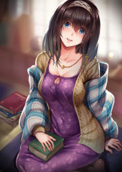 Rule 34 | 10s, 1girl, black hair, blue eyes, blurry, blush, book, breasts, cleavage, covered navel, depth of field, dress, floral print, hairband, highres, idolmaster, idolmaster cinderella girls, jewelry, long hair, looking at viewer, murasame nohito, necklace, open mouth, pendant, print dress, sagisawa fumika, shawl, smile, solo