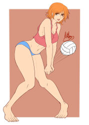 Rule 34 | 1girl, ball, bare arms, bare legs, bare shoulders, barefoot, border, crop top, earrings, female focus, flat color, full body, highres, jewelry, knees together feet apart, leaning forward, lips, midriff, mifenami, nami (one piece), navel, nose, one piece, orange hair, outside border, pigeon-toed, playing sports, short hair, short shorts, shorts, sleeveless, solo, tank top, volleyball, volleyball (object), white border