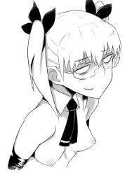 Rule 34 | 10s, 1girl, blush, breasts, ascot, elbow gloves, em (totsuzen no hakike), empty eyes, glasses, gloves, greyscale, hair ribbon, monochrome, nipples, ribbon, small breasts, solo, twintails, upper body, utsugi kanna, witch craft works