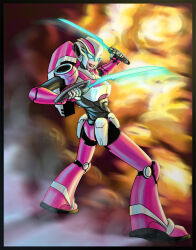 Rule 34 | 1girl, alien, arcee, armor, ass, blue eyes, colored skin, commentary, energy sword, english commentary, explosion, humanoid robot, looking at viewer, mammona, panties, pink lips, pink panties, robot, smile, solo, sword, thighs, transformers, transformers animated, underwear, weapon