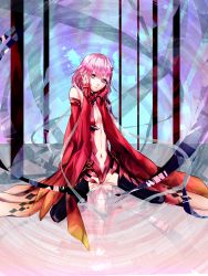 Rule 34 | 10s, 1girl, bare shoulders, black thighhighs, breasts, center opening, cleavage, detached sleeves, elbow gloves, fingerless gloves, gloves, guilty crown, hair ornament, hairclip, hands on own cheeks, hands on own face, highres, long hair, looking at viewer, navel, pink hair, red eyes, sitting, small breasts, solo, sunano (feyshm), thighhighs, twintails, wariza, yuzuriha inori