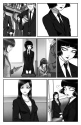 Rule 34 | 2boys, 5girls, absurdres, black hair, cellphone, comic, greyscale, headphones, highres, horror (theme), jacket, jewelry, left-to-right manga, lipstick, long hair, makeup, mizore ito, mole, monochrome, multiple boys, multiple girls, necklace, necktie, office lady, original, panels, pearl necklace, phone, school uniform, short hair, sitting, sketchmenot, skirt, staring, train, train interior, worried