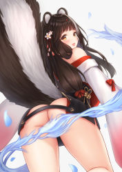 Rule 34 | 1girl, animal ear fluff, animal ears, ass, azur lane, bare shoulders, bell, black hair, blush, breasts, flower, hair between eyes, hair flower, hair ornament, highres, japanese clothes, jori, kimono, large breasts, long hair, long sleeves, long tail, looking at viewer, looking back, multicolored hair, naganami (azur lane), no panties, off shoulder, open mouth, skunk ears, skunk tail, smile, solo, tail, thighhighs, white hair, white kimono, wide sleeves