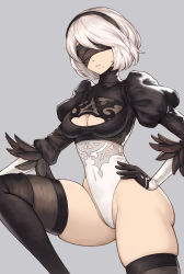 Rule 34 | 1girl, ass, black blindfold, black dress, black gloves, black hairband, black thighhighs, blindfold, boots, breasts, cameltoe, commentary request, dress, feather-trimmed sleeves, gloves, grey background, hairband, highres, juliet sleeves, large breasts, leotard, long sleeves, mole, mole under mouth, nier:automata, nier (series), no pants, puffy sleeves, revision, short hair, silver hair, simple background, solo, square enix, thighhighs, thighhighs under boots, tsuki suigetsu, white leotard, 2b (nier:automata)