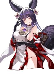Rule 34 | 1girl, absurdres, animal ears, black gloves, black hair, breasts, cosplay, detached sleeves, double fox shadow puppet, earrings, elbow gloves, erune, fox shadow puppet, genshin impact, gloves, granblue fantasy, highres, jewelry, large breasts, long hair, looking at viewer, one eye closed, parted lips, pelvic curtain, pendant, purple eyes, sas (ls08b), shirt, side slit, sleeveless, sleeveless shirt, smile, solo, tail, white background, white shirt, wide sleeves, yae miko, yae miko (cosplay), yuel (granblue fantasy)