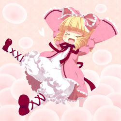 Rule 34 | &gt; &lt;, 1girl, :d, blonde hair, bow, drill hair, closed eyes, frilled skirt, frills, hair bow, hair ornament, hair ribbon, hands up, hinaichigo, kouji (campus life), open mouth, pink bow, revision, ribbon, rozen maiden, shoes, skirt, smile, solo, twin drills, xd