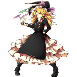 Rule 34 | 1girl, absurdres, baba (baba seimaijo), black footwear, blonde hair, boots, bow, braid, coat, frilled skirt, frills, grin, hair ribbon, hand on own hip, hat, hat bow, hat ribbon, highres, kirisame marisa, legs apart, long hair, mini-hakkero, one eye closed, petticoat, pigeon-toed, revision, ribbon, simple background, single braid, skirt, smile, solo, touhou, trench coat, tress ribbon, turtleneck, white background, witch hat, yellow eyes