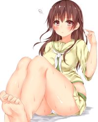 Rule 34 | 10s, 1girl, :t, bare legs, barefoot, beige shirt, beige skirt, blush, breasts, brown hair, closed mouth, eyebrows, feet, foreshortening, highres, kantai collection, knees up, long hair, looking at viewer, medium breasts, neckerchief, ooi (kancolle), panties, pantyshot, pikacchi, pout, red eyes, school uniform, serafuku, shiny skin, short sleeves, sitting, sleeve cuffs, soles, solo, squiggle, sweat, tareme, toes, underwear, upskirt, white panties