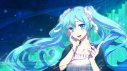 1girl aqua_eyes aqua_hair earbuds earphones female_focus gradient_background haru_aki hatsune_miku highres long_hair looking_at_viewer open_mouth solo striped_background twintails very_long_hair vocaloid