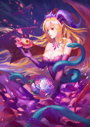 Rule 34 | 1girl, bare shoulders, blonde hair, bouquet, breasts, cleavage, demon girl, demon wings, dress, elbow gloves, eyeball, flower, gloves, horns, jewelry, lamier, lilith (p&amp;d), necklace, petals, purple dress, purple gloves, puzzle &amp; dragons, snake, solo, tiara, wings
