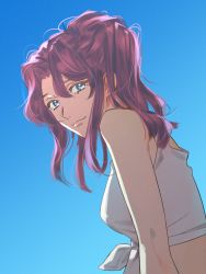 Rule 34 | 1girl, blue background, blue eyes, brown hair, closed mouth, flay allster, from side, gradient background, gundam, gundam seed, hair between eyes, highres, long hair, looking at viewer, nito minatsuki, shirt, sleeveless, sleeveless shirt, smile, solo, tied shirt, upper body, white shirt