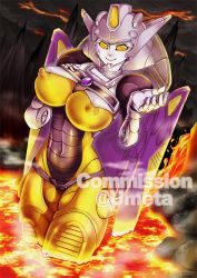 Rule 34 | 1girl, breasts, closed mouth, commentary, commission, decepticon, english commentary, large breasts, lava, lava bath, mecha, metal skin, navel, nipples, robot, science fiction, smile, solo, standing, thunderblast, transformers, transformers cybertron, umetarou (jack sgt), volcano, watermark, yellow eyes