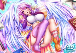 Rule 34 | 1girl, ahoge, angel wings, blush, breasts, bridal gauntlets, brown eyes, crop top, feathered wings, hair between eyes, halo, jibril (no game no life), long hair, looking at viewer, low wings, magic circle, midriff, navel, no game no life, open mouth, pink hair, sevie, single thighhigh, smile, solo, symbol-shaped pupils, tattoo, thighhighs, very long hair, white wings, wing ears, wings