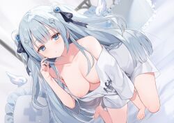 Rule 34 | 1girl, alternate costume, bed, blue eyes, blue hair, blurry, blurry background, blush, breasts, collarbone, commentary request, curtains, hair ornament, highres, indie virtual youtuber, large breasts, long hair, looking at viewer, nipples, p (p25234112), pillow, seiza, shirt, sitting, solo, t-shirt, virtual youtuber, waking up, wings, yuha uyu