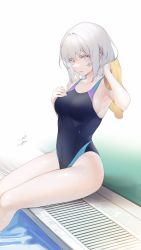 Rule 34 | 1girl, armpits, bad id, bad twitter id, blue one-piece swimsuit, breasts, collarbone, competition swimsuit, drying, drying hair, expressionless, eyelashes, hand on breast, head tilt, highres, holding, holding towel, legs together, looking at viewer, nacchan (ohisashiburi), ohisashiburi, one-piece swimsuit, original, pink eyes, pool, poolside, short hair, sideboob, signature, simple background, sitting, solo, swimsuit, thighs, towel, wet, white hair
