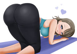 Rule 34 | 1girl, all fours, ass, bare shoulders, blue eyes, blush, cameltoe, closed mouth, danzfloor, grey hair, heart, highres, huge ass, looking at viewer, love live!, love live! sunshine!!, mature female, medium hair, simple background, solo, sports bra, sweat, tongue, tongue out, watanabe you&#039;s mother, white background, yoga