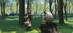 Rule 34 | 2girls, absurdres, alina (arknights), animal ears, antlers, arknights, black cape, black dress, black neckerchief, blue eyes, blue sky, cape, deer antlers, deer ears, deer girl, deer tail, dragon girl, dragon horns, dress, epaulettes, forest, grass, grey hair, highres, horns, long hair, long sleeves, multiple girls, nature, neckerchief, open mouth, outdoors, pinafore dress, short hair, sky, sleeveless, sleeveless dress, standing, tail, talulah (arknights), talulah the fighter (arknights), tree, yuec202108