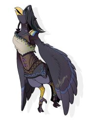 Rule 34 | 1boy, animal feet, anklet, arijuno, arms at sides, artist name, beak, bird boy, bird legs, black fur, black hair, black wings, blue fur, body fur, claws, collarbone, drop shadow, full body, furry, furry male, green eyes, hair ornament, hair tubes, harth (zelda), jewelry, looking up, male focus, medium hair, multicolored fur, open mouth, rito, shirt, shoulder pads, signature, simple background, solo, swept bangs, the legend of zelda, the legend of zelda: breath of the wild, twitter username, white background, white shirt, winged arms, wings